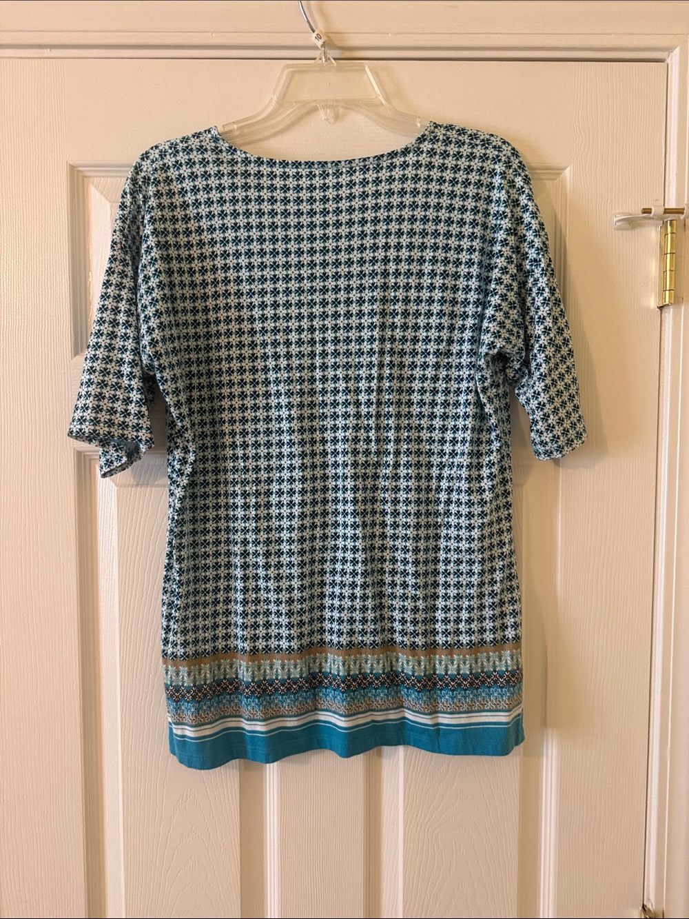 Talbots Teal Patterned V-Neck Tunic Top with Border Hem - Picture 2 of 3